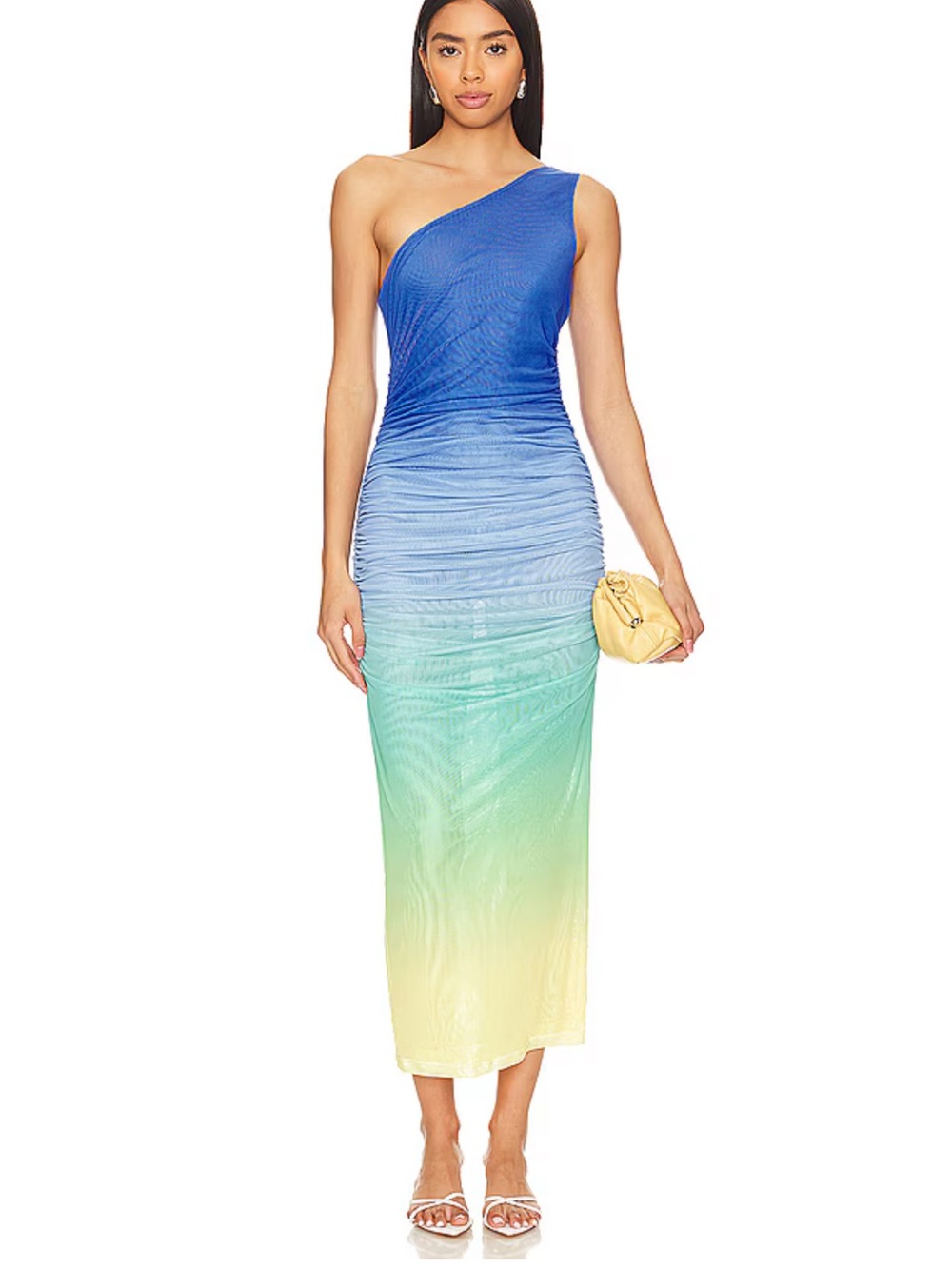 Ombre One-Shoulder Ruched Midi Dress in Blue to Yellow
